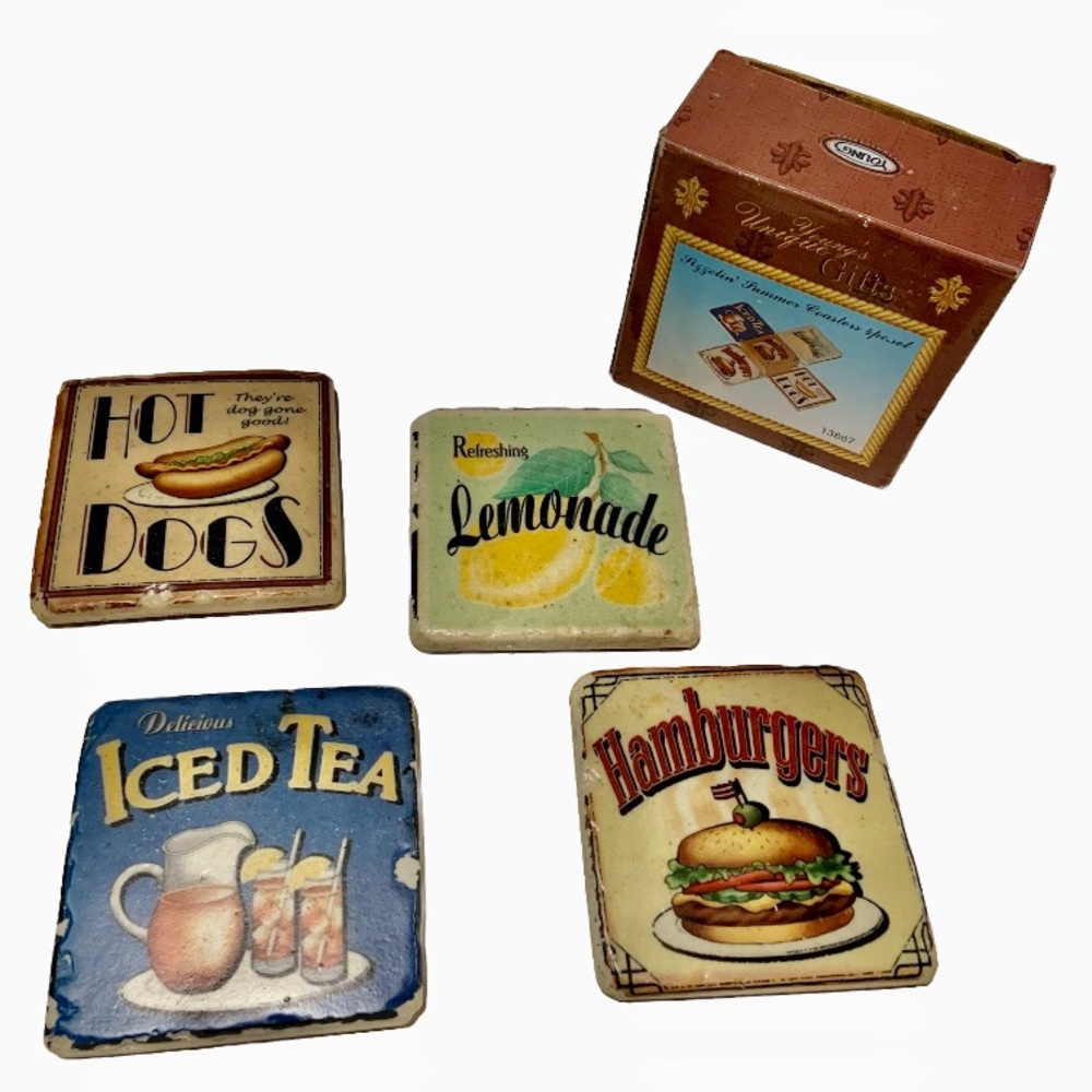 Set of 4 Vintage Young’s Sizzlin Summer Ceramic Tile Coasters Cork Backed Heavy